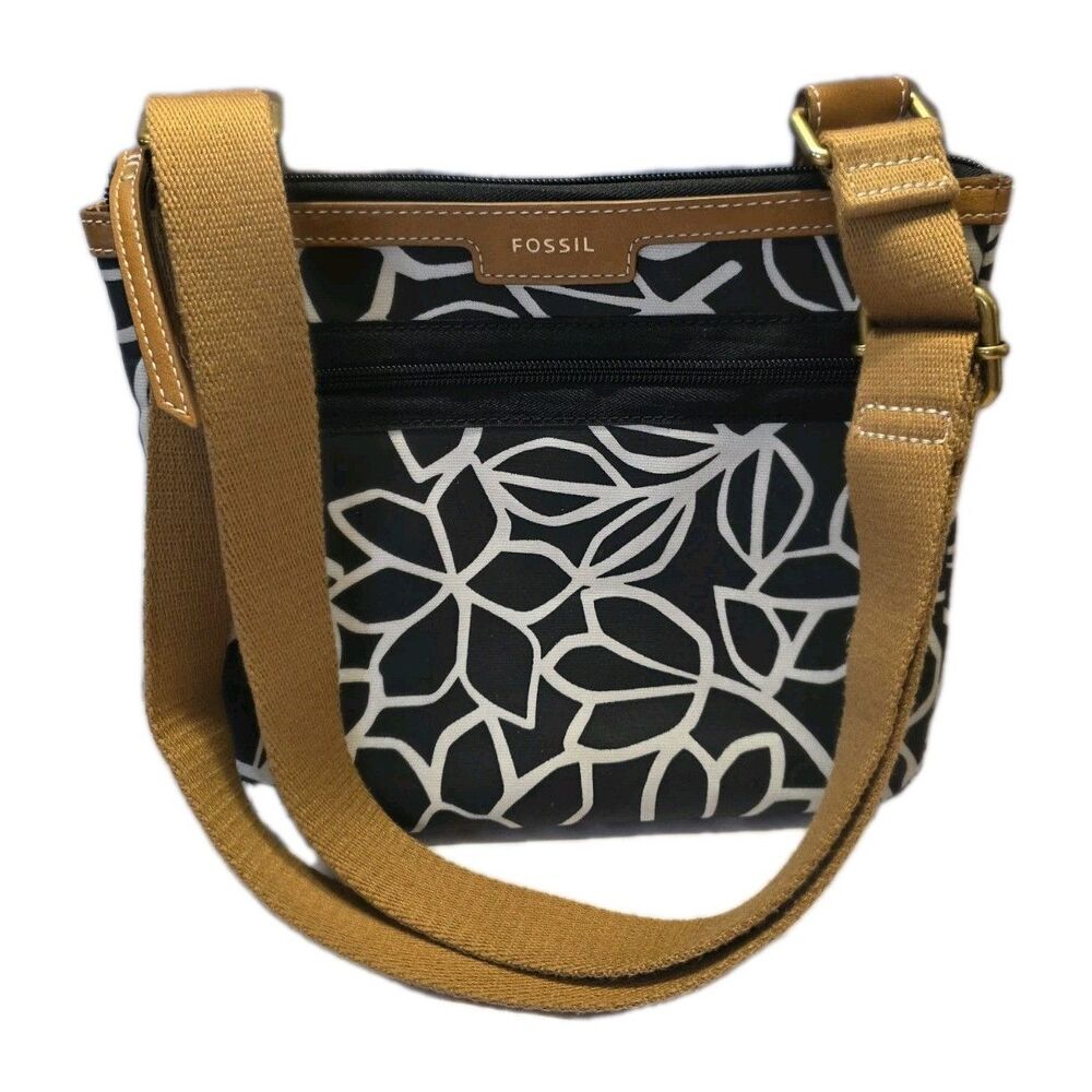 Fossil Crossbody Bag Eliza Floral Black Brown Adjustable Strap